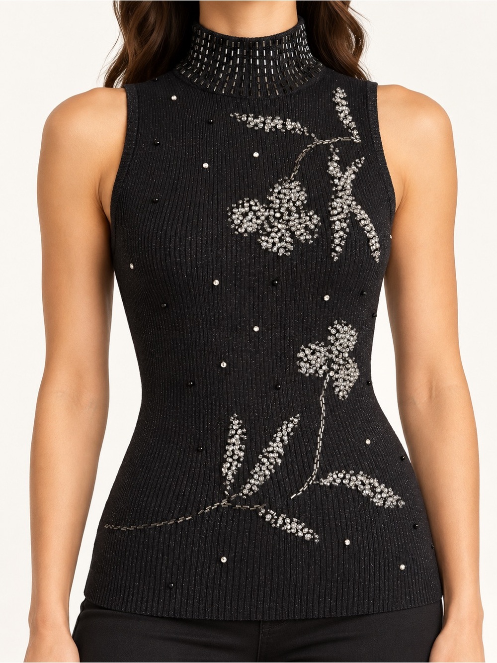 Caché Black Beaded Floral Mock Neck Top Whimsigoth Size L